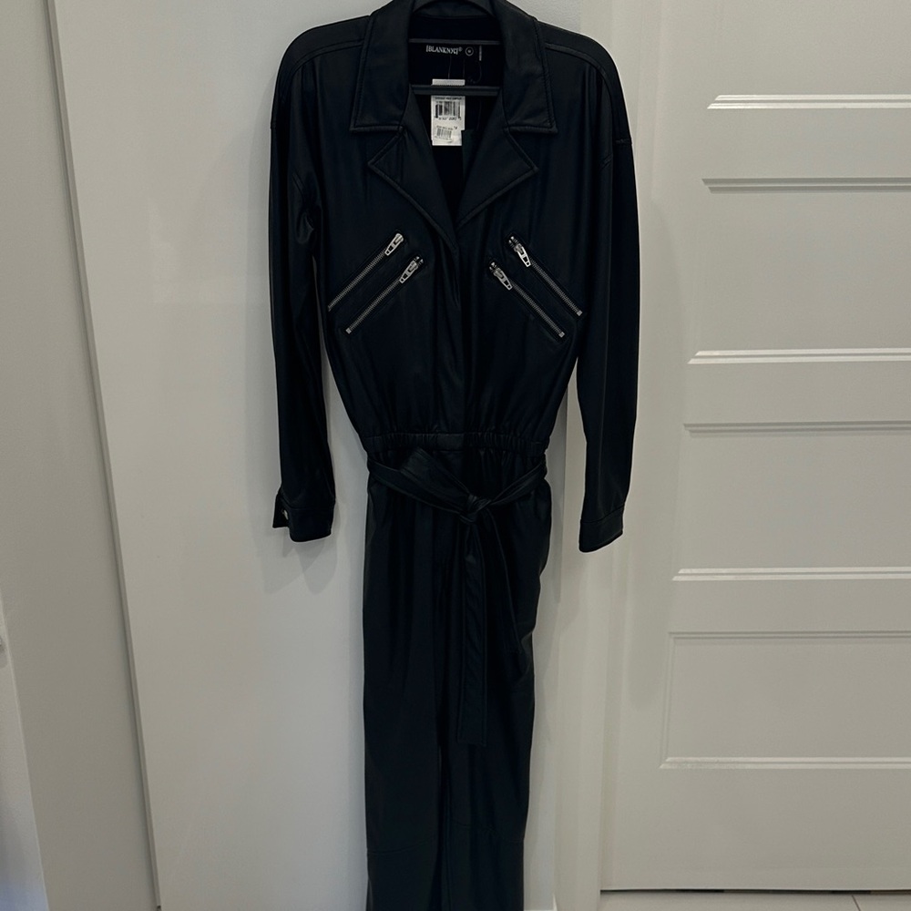 BLANK NYC Black Faux Leather Belted Jumpsuit with Zip Pockets